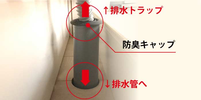 防臭キャップは、床下の排水管と、宅内の排水設備からのホースとの間に設置されています。