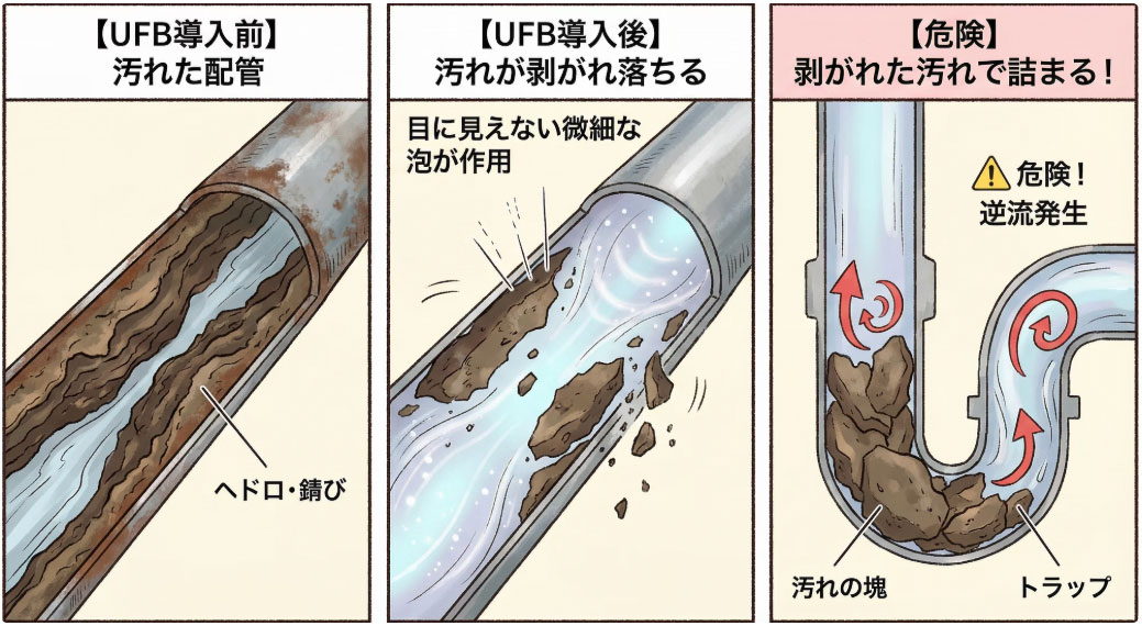 UFBで配管内の汚れをはがしていく